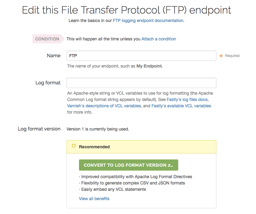 the edit logging endpoint page with upgrade message