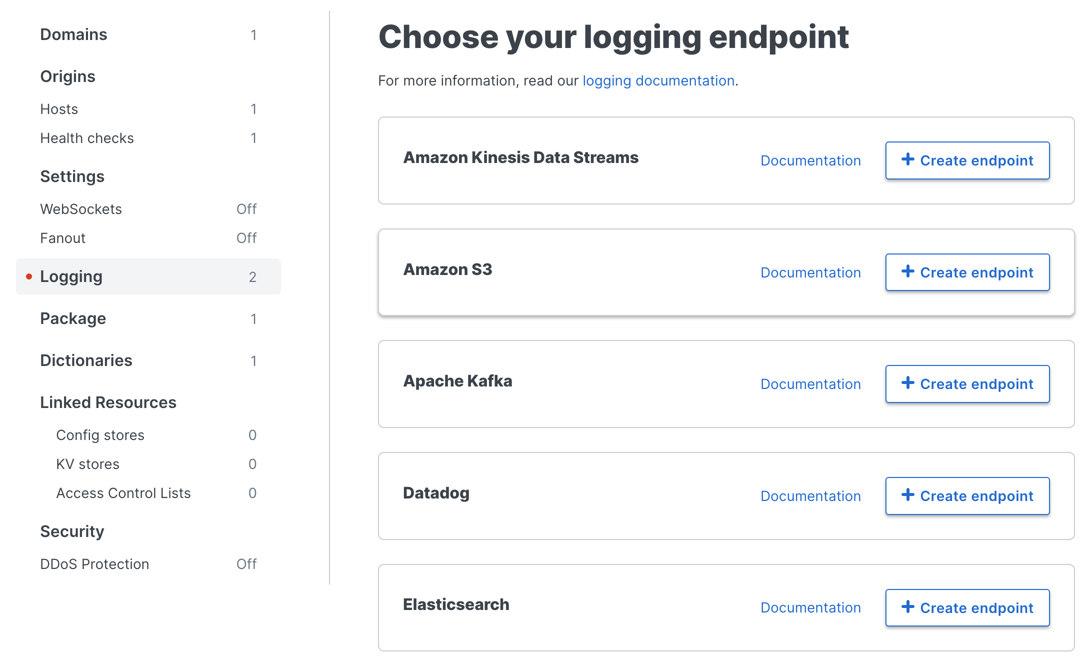 the logging endpoints page