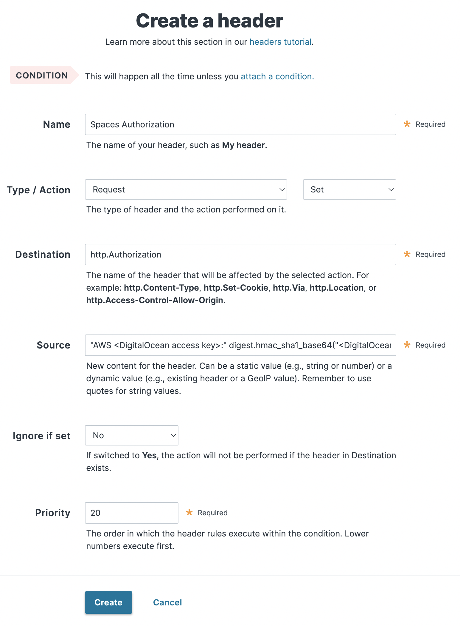 creating an authorization header via the header page