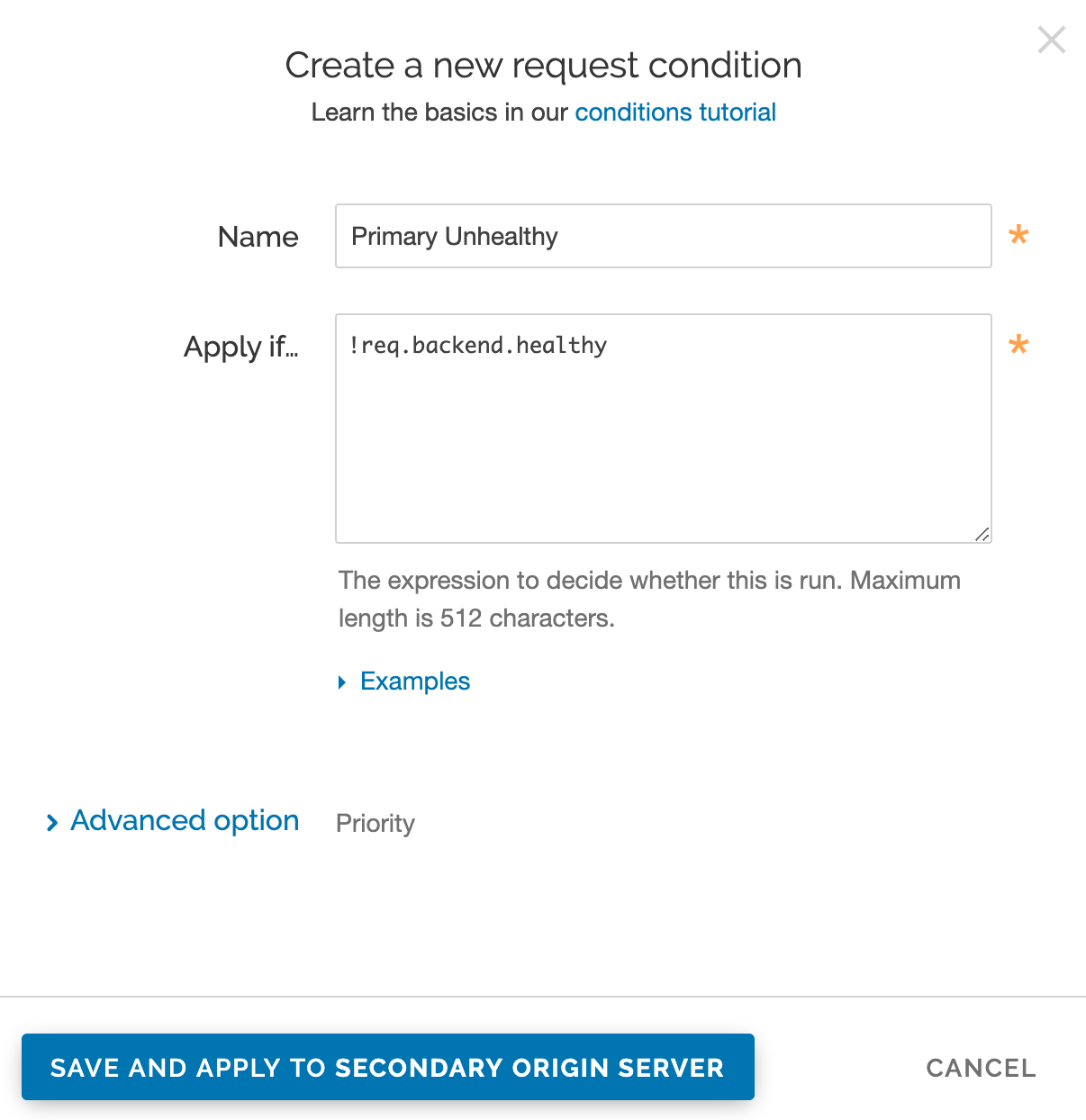 an example create a new condition window