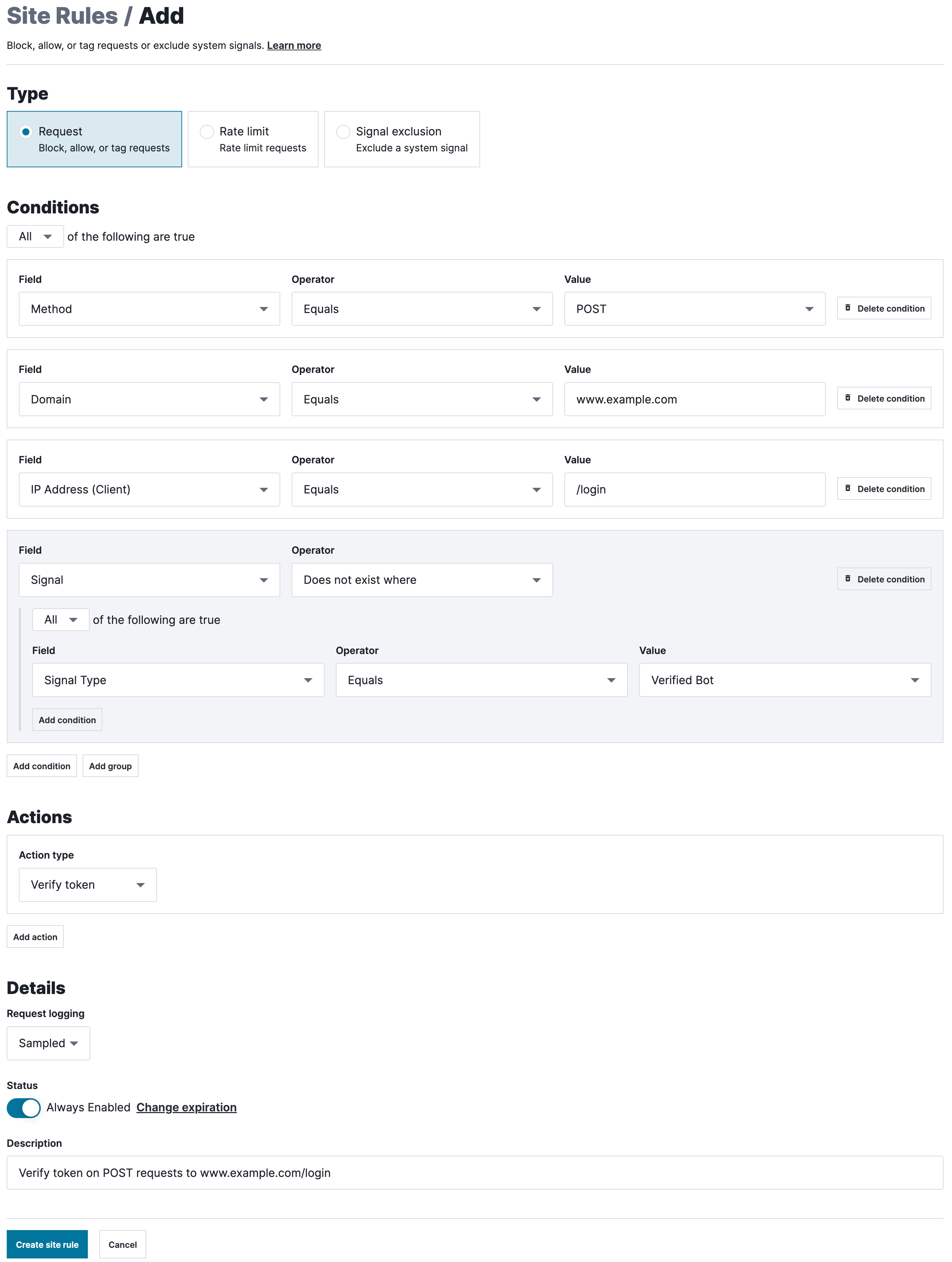 A request rule designed to verify the token on POST requests to www.example.com/login.
