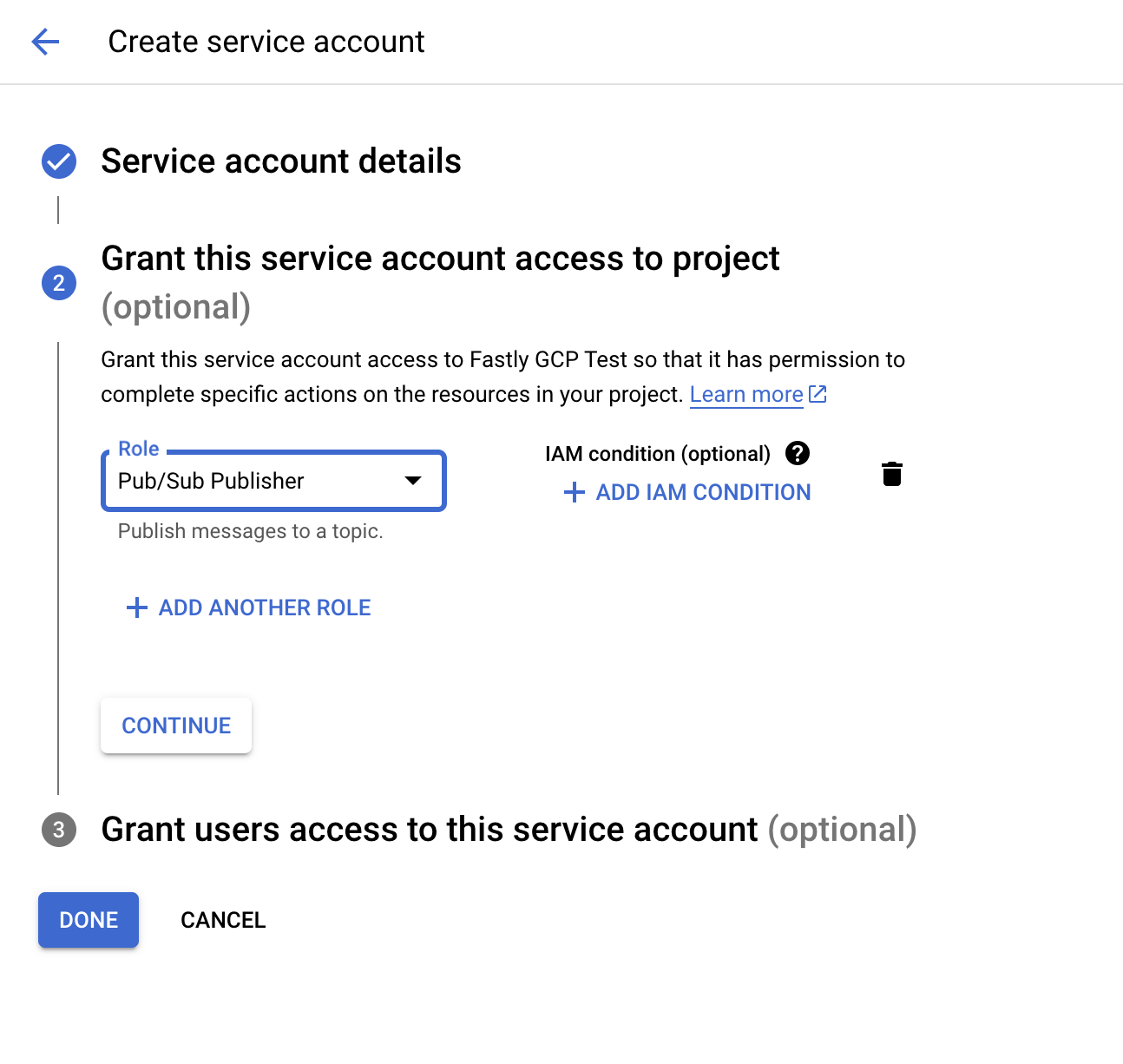 Create service account panel