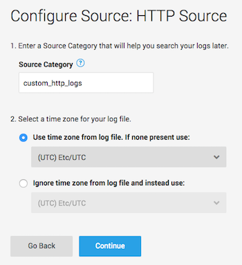 Sumo Logic Configure Source: HTTP Source window