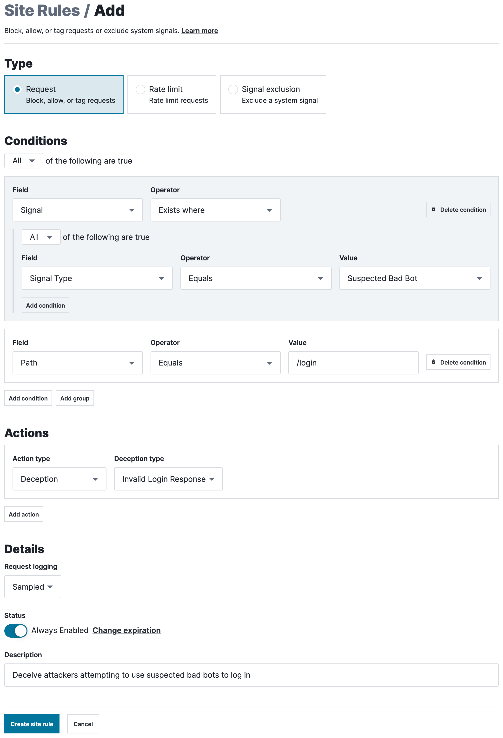 A request rule designed to deceive attackers attempting to use suspected bad bots to log in.