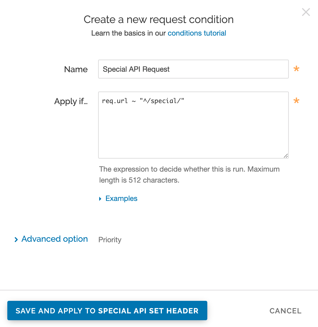 the new condition window that tells the cache how to route requests to the new Host based on a special URL prefix
