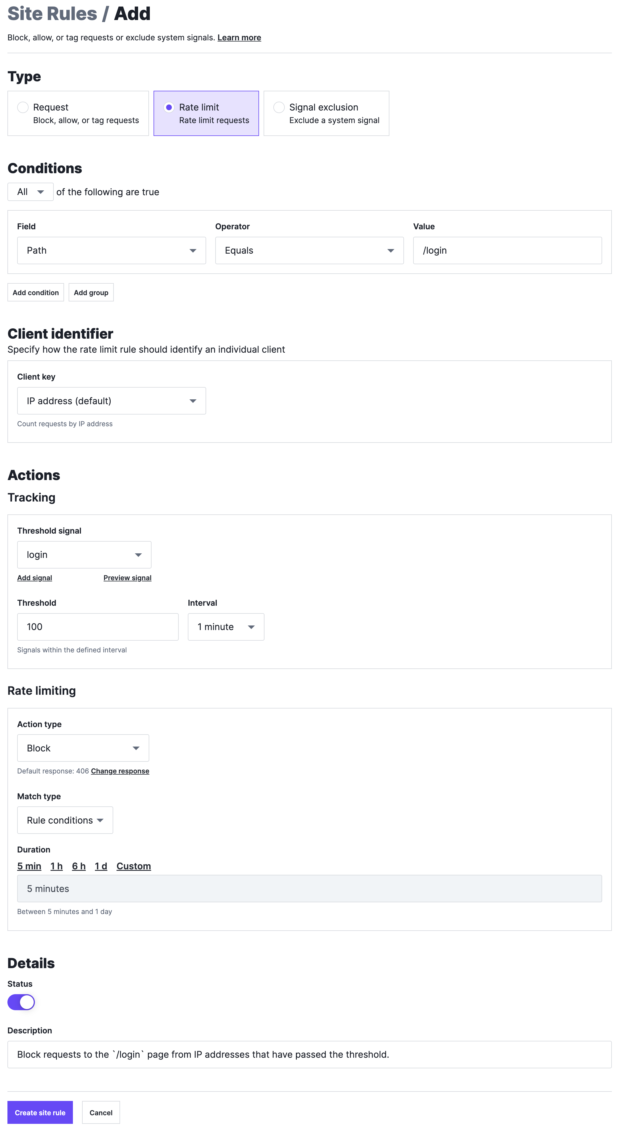 A rate limit rule designed to block requests to the '/login' page after 100 requests to the page in 1 minute, as described above.