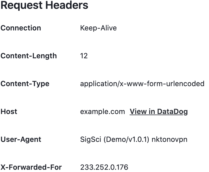 Request headers with header links for DataDog.