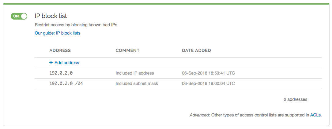 an IP block list, complete with an IP address and a subnet mask, as it appears in the Fastly control panel