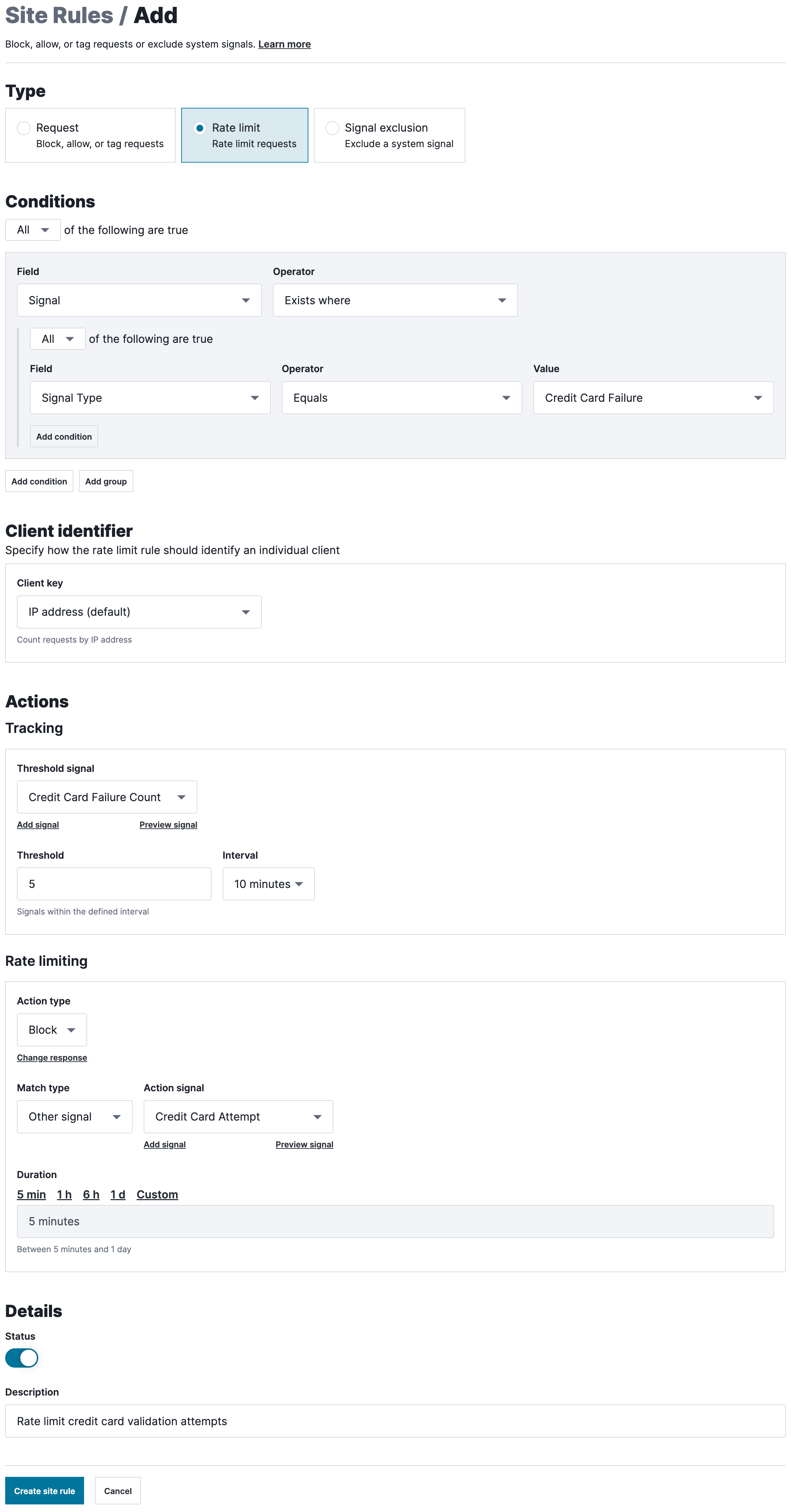 Screenshot of an example rule that rate limits credit card validation failures, as described above.