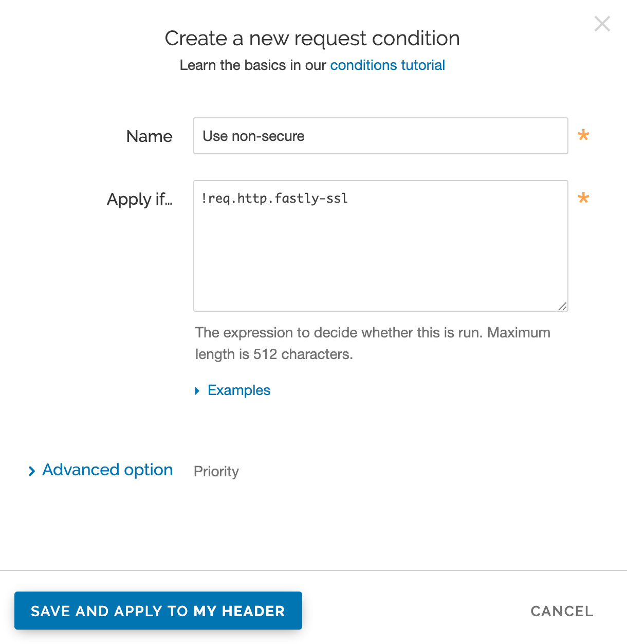 the Create a new request condition window with settings for the non-secure server