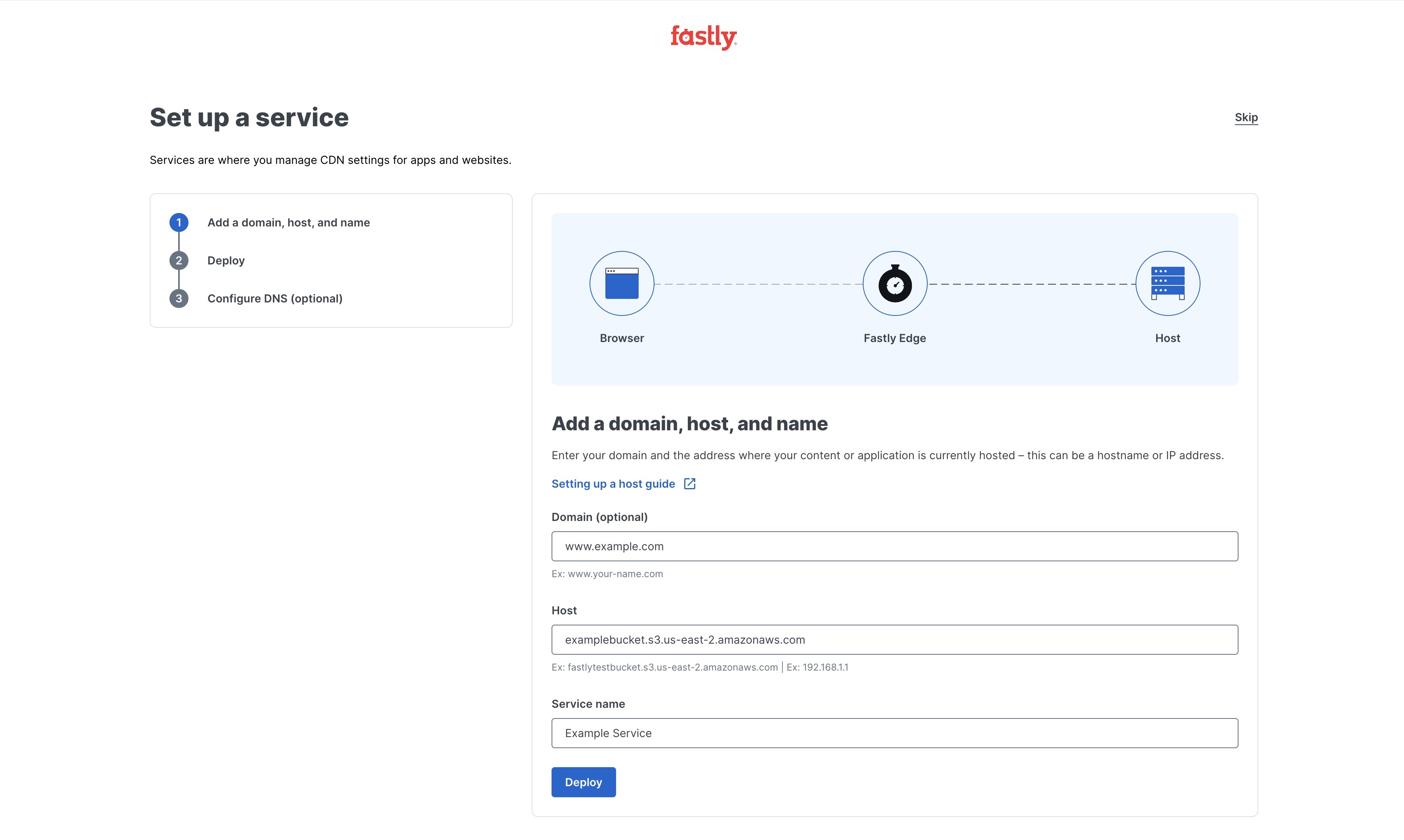 Fields to create a CDN service
