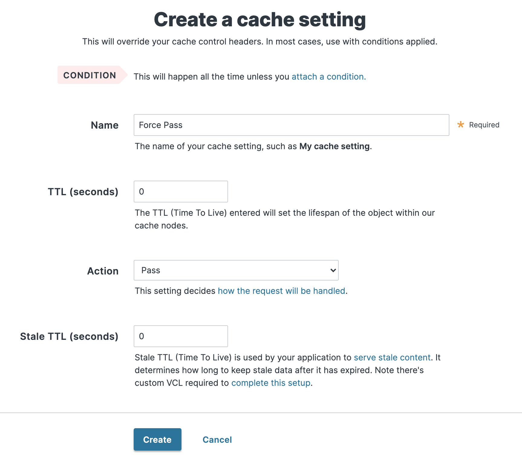 the Cache Settings window