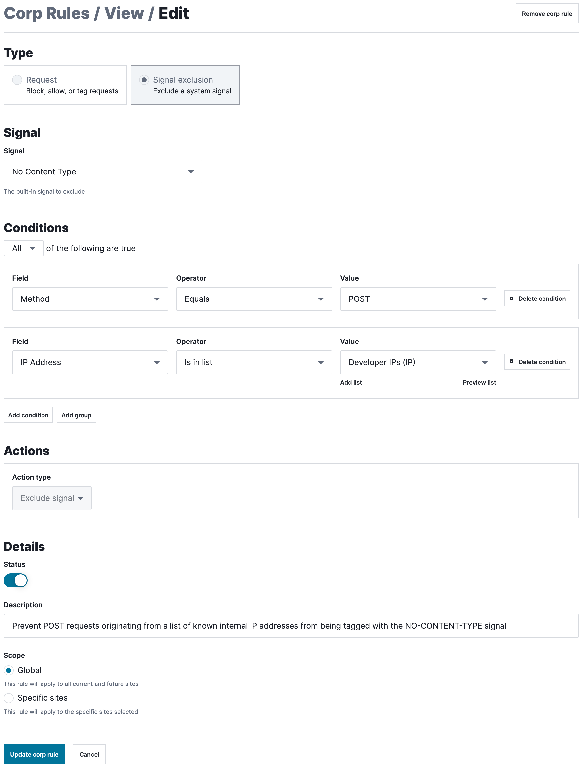 A corp-level signal exclusion rule designed to prevent POST requests originating from a list of known internal developer IP addresses from being tagged with the 'NO-CONTENT-TYPE signal