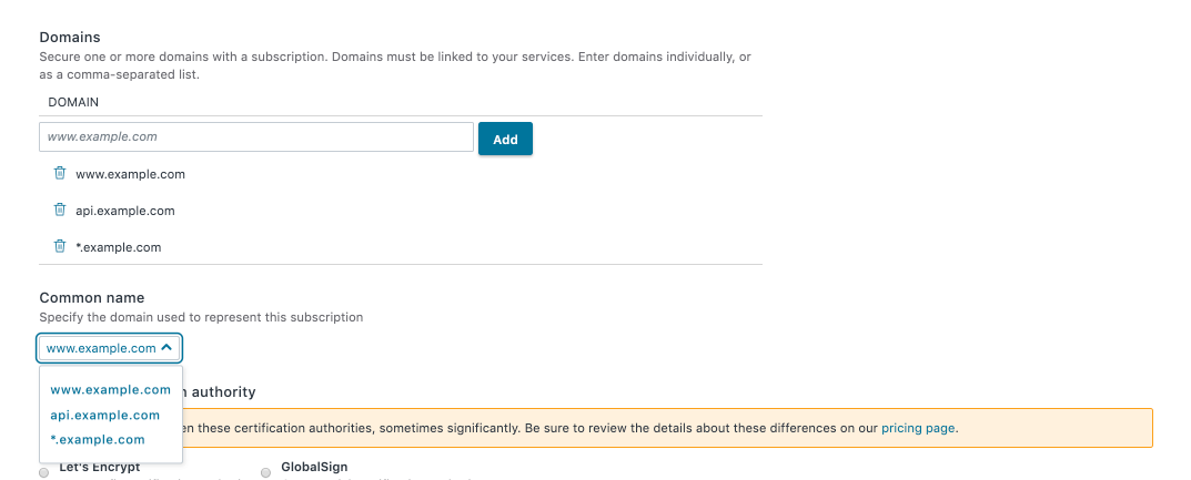 the Enter subscription details that appears by default when you attempt to secure multiple other domains