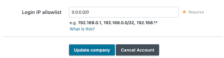 IP allowlist field with default text indicating allowlisting is disabled